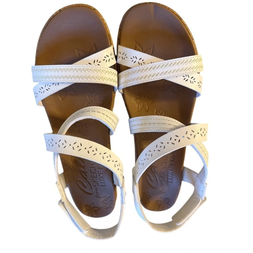 Skechers Cali White Luxe Memory Foam Comfortable Cork Wedge Sandals White 9.5–10